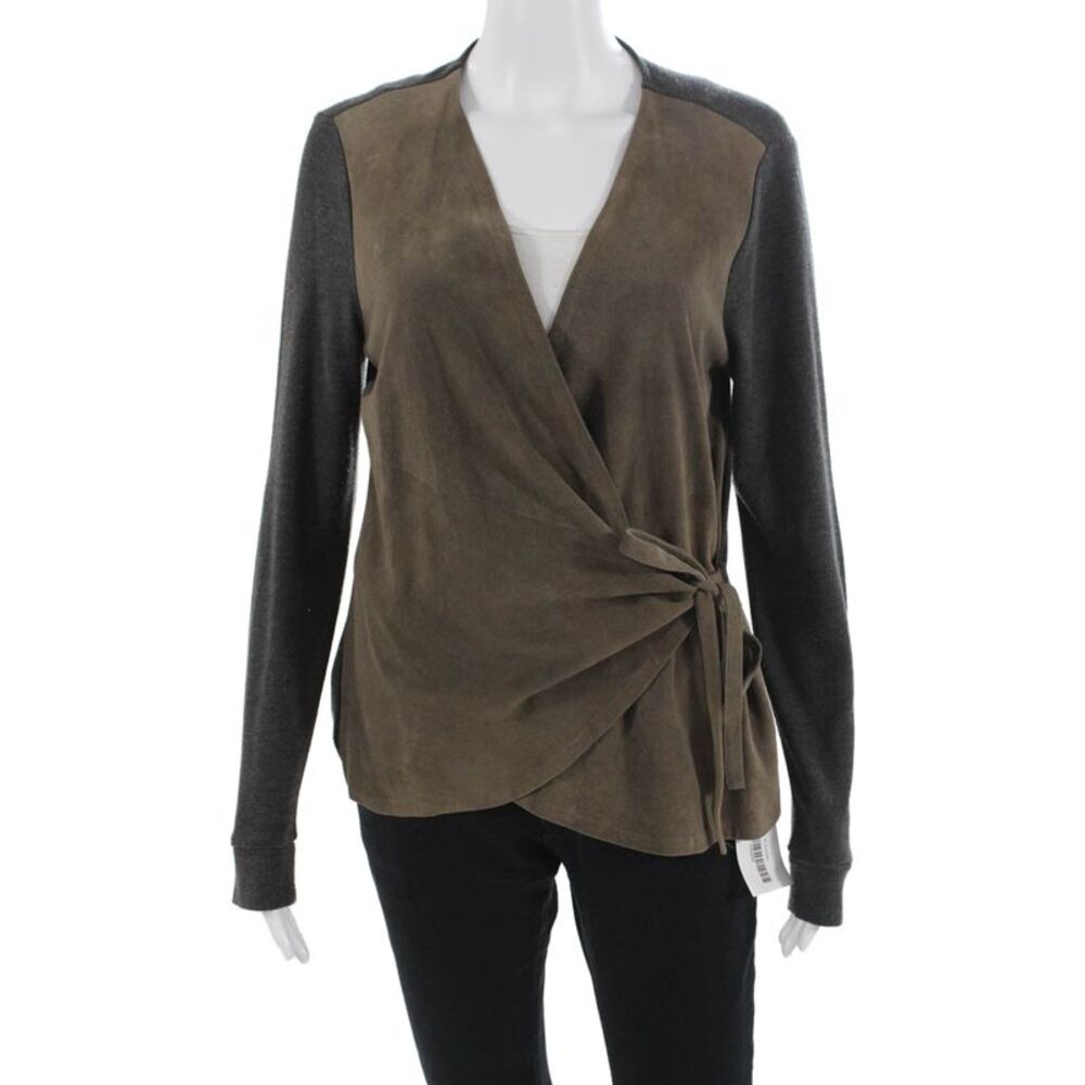 Ecru Women V-Neck Tie Front Brown Sweater Long Sleeve Army Size M